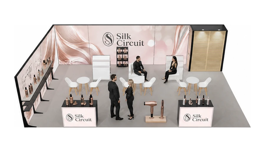 Stoisko 10 × 6 m narożne lewe dla branży fryzjerstwo i salony beauty, przykładowa marka Silk Circuit