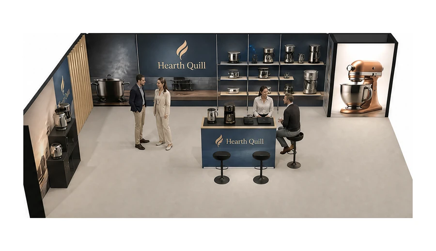 Stoisko 10 × 6 m narożne lewe dla branży sprzęt kuchenny i AGD, przykładowa marka Hearth Quill