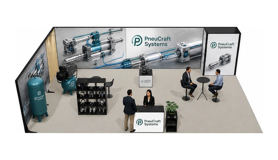 Stoisko 10 × 6 m narożne lewe dla branży pneumatyka i sprężone powietrze, przykładowa marka PneuCraft Systems