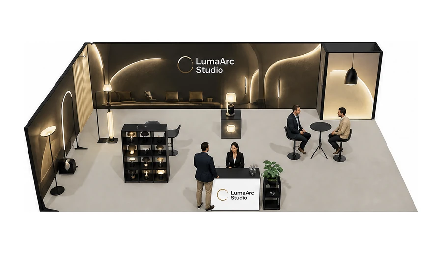 Stoisko 10 × 6 m narożne lewe dla branży oświetlenie, przykładowa marka LumaArc Studio