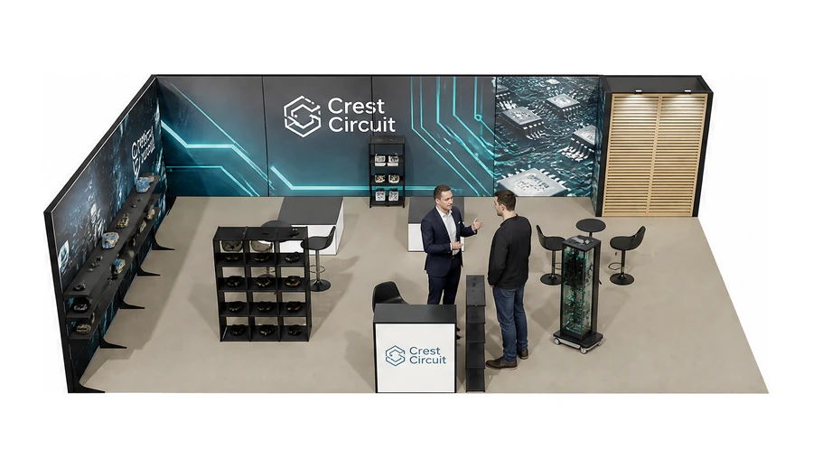 Stoisko 10 × 6 m narożne lewe dla branży komponenty elektroniczne, przykładowa marka Crest Circuit