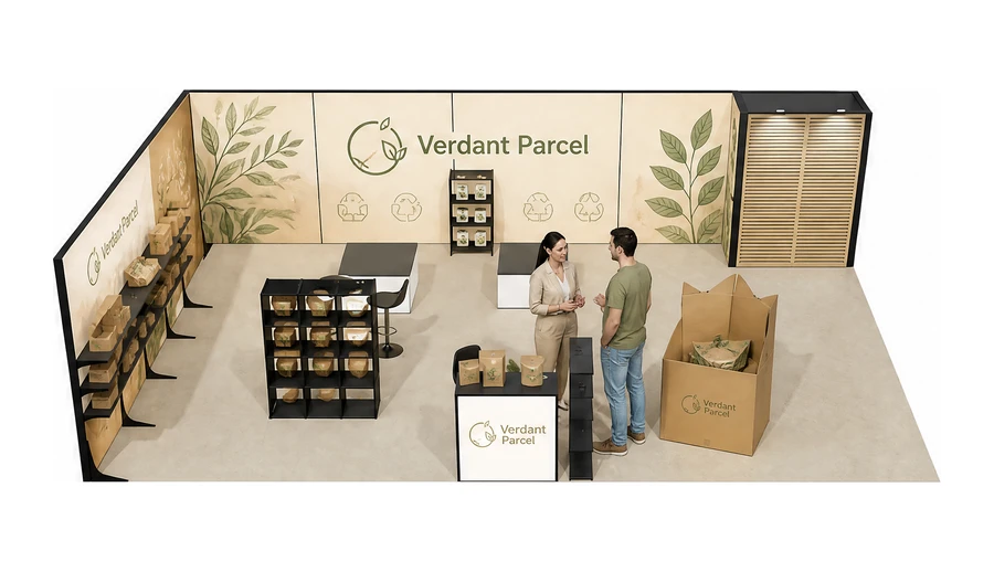 Stoisko 10 × 6 m narożne lewe dla branży opakowania ekologiczne, przykładowa marka Verdant Parcel