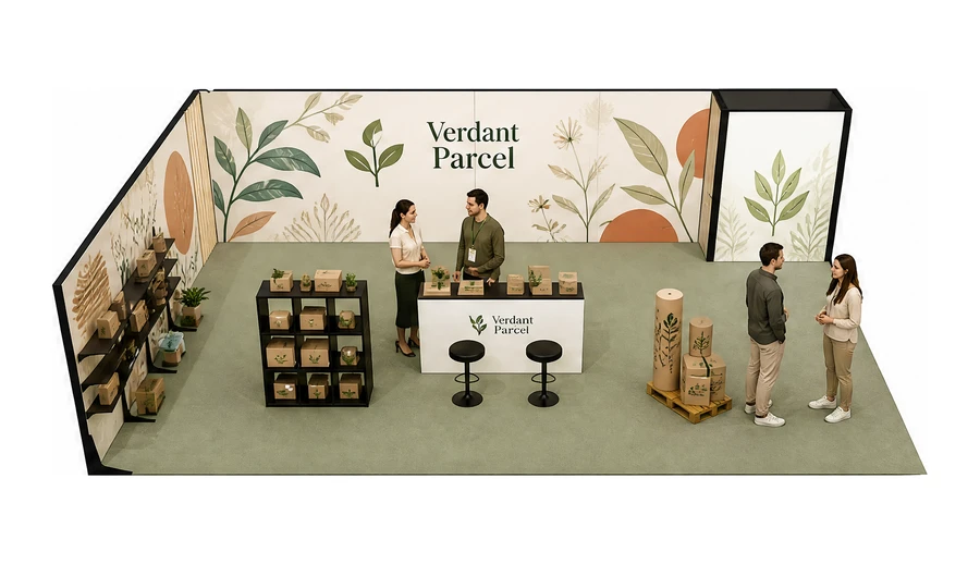 Stoisko 10 × 6 m narożne lewe dla branży opakowania ekologiczne, przykładowa marka Verdant Parcel