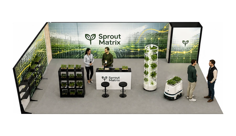 Stoisko 10 × 6 m narożne lewe dla branży sadownictwo i warzywnictwo, przykładowa marka Sprout Matrix