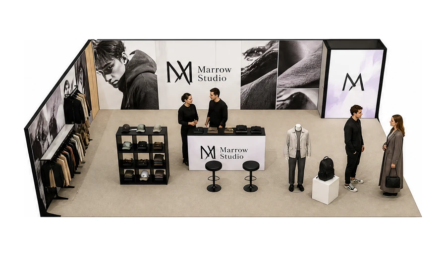 Stoisko 10 × 6 m narożne lewe dla branży odzież i moda, przykładowa marka Marrow Studio