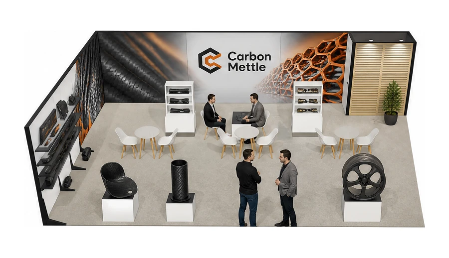 Stoisko 10 × 6 m narożne lewe dla branży materiały kompozytowe, przykładowa marka Carbon Mettle