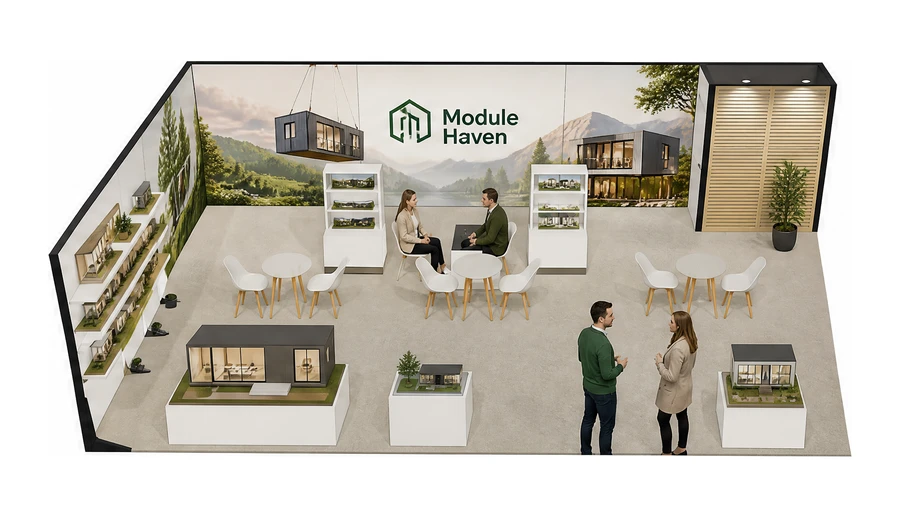 Stoisko 10 × 6 m narożne lewe dla branży domy modułowe i prefabrykacja, przykładowa marka Module Haven