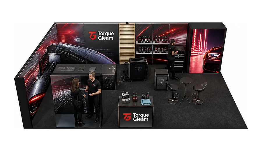 Stoisko 10 × 6 m narożne lewe dla branży tuning i detailing, przykładowa marka Torque Gleam