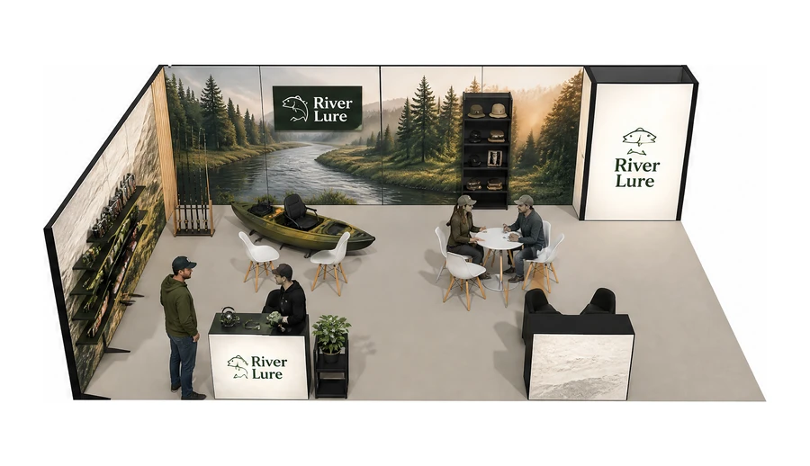 Stoisko 10 × 6 m narożne lewe dla branży wędkarstwo, przykładowa marka River Lure