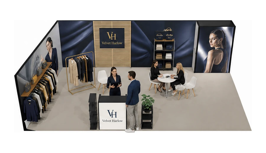 Stoisko 10 × 6 m narożne lewe dla branży odzież i moda, przykładowa marka Velvet Harlow