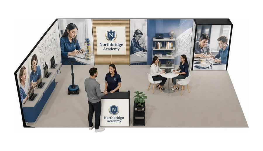 Stoisko 10 × 6 m narożne lewe dla branży edukacja i szkolenia, przykładowa marka Northbridge Academy