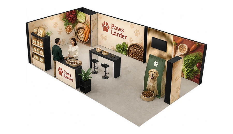 Stoisko 10 × 6 m narożne lewe dla branży karma dla zwierząt, przykładowa marka Paws Larder