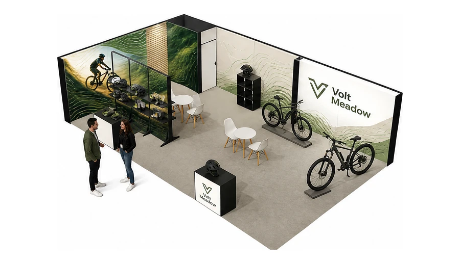 Stoisko 10 × 6 m narożne lewe dla branży rowery elektryczne, przykładowa marka Volt Meadow