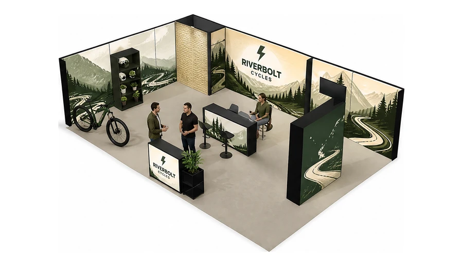 Stoisko 10 × 6 m narożne lewe dla branży rowery elektryczne, przykładowa marka Riverbolt Cycles