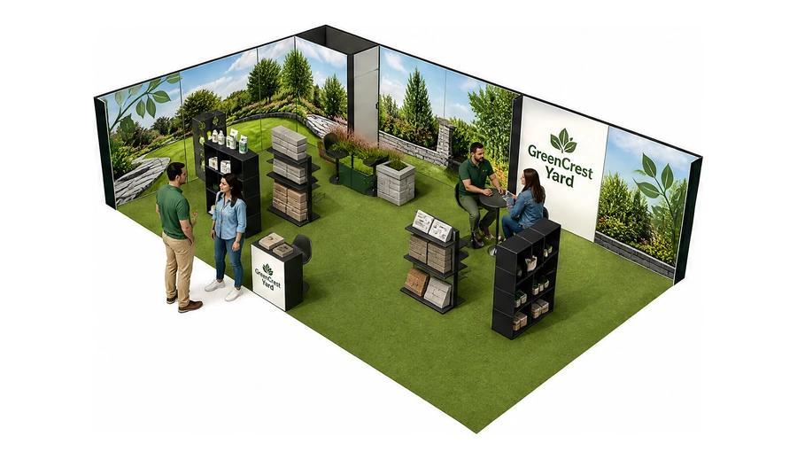 Stoisko 10 × 6 m narożne lewe dla branży ogród i architektura krajobrazu, przykładowa marka GreenCrest Yard