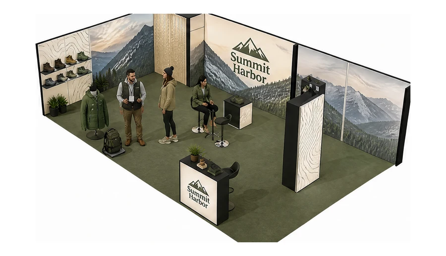 Stoisko 10 × 6 m narożne lewe dla branży odzież i sprzęt outdoorowy, przykładowa marka Summit Harbor