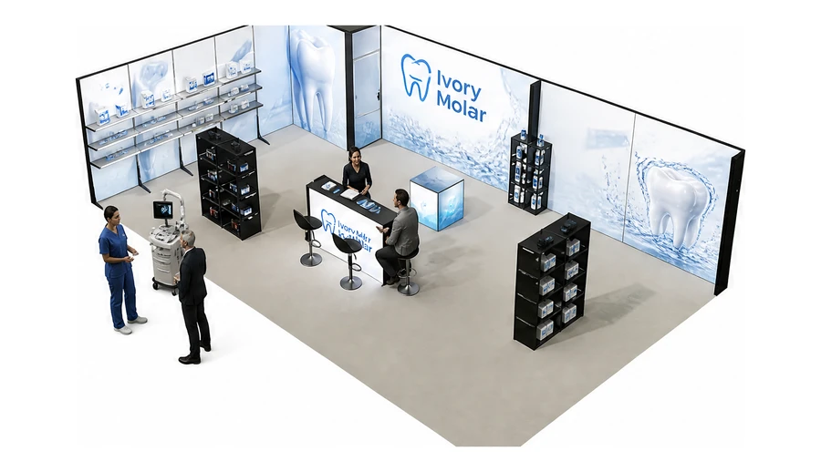 Stoisko 10 × 6 m narożne lewe dla branży stomatologia, przykładowa marka Ivory Molar