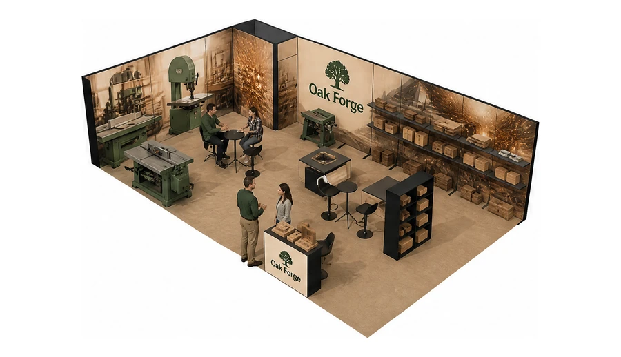 Stoisko 10 × 6 m narożne lewe dla branży maszyny do obróbki drewna, przykładowa marka Oak Forge