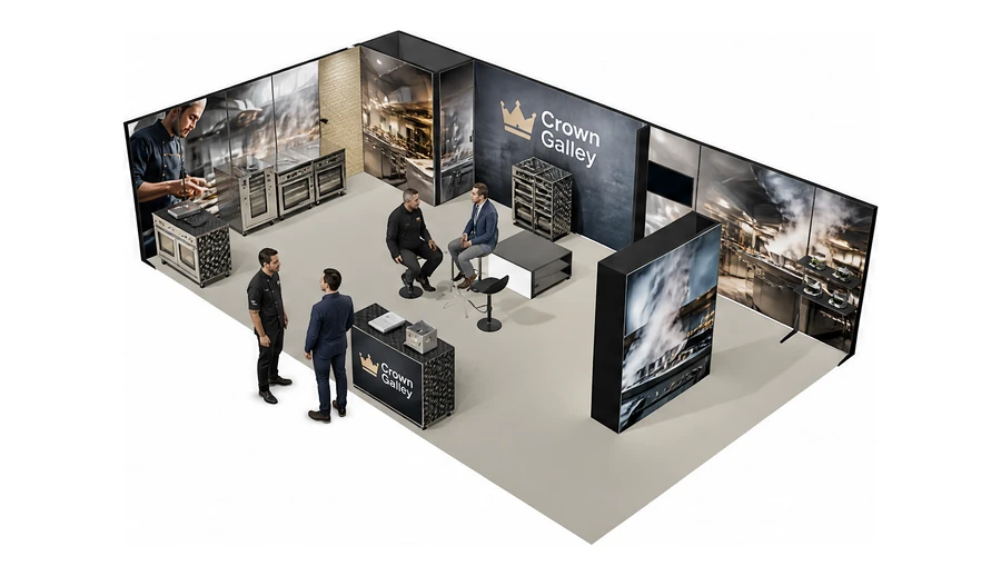 Stoisko 10 × 6 m narożne lewe dla branży wyposażenie gastronomii, przykładowa marka Crown Galley