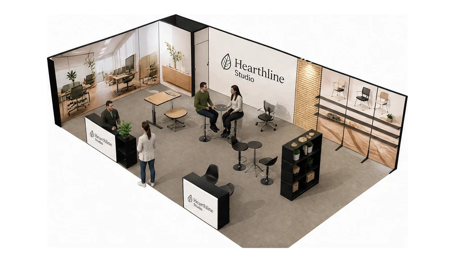 Stoisko 10 × 6 m narożne lewe dla branży meble biurowe, przykładowa marka Hearthline Studio