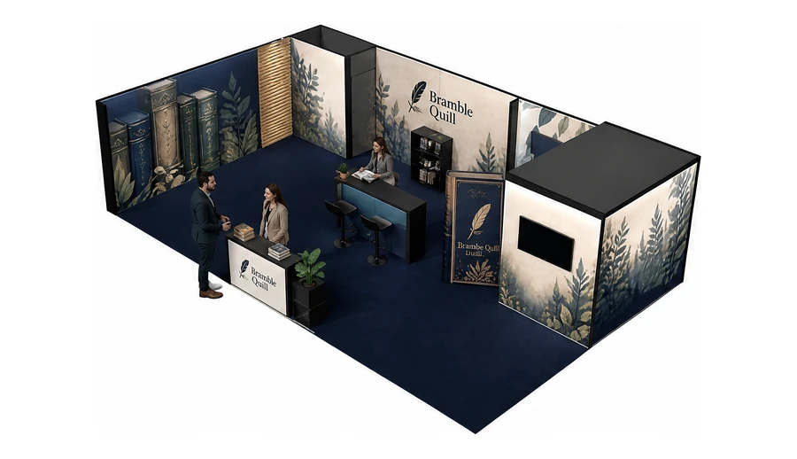 Stoisko 10 × 6 m narożne lewe dla branży wydawnictwa, przykładowa marka Bramble Quill