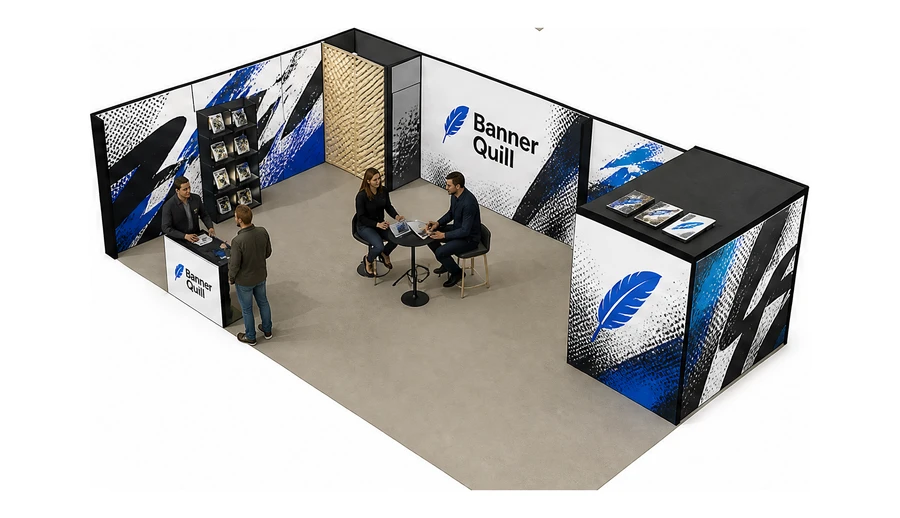 Stoisko 10 × 6 m narożne lewe dla branży reklama i druk, przykładowa marka Banner Quill