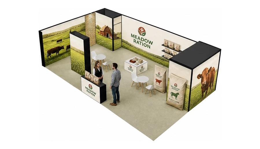 Stoisko 10 × 6 m narożne lewe dla branży hodowla i pasze, przykładowa marka Meadow Ration