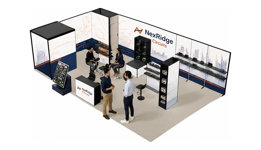 Stoisko 10 × 6 m narożne lewe dla branży komponenty elektroniczne, przykładowa marka NexRidge Circuits