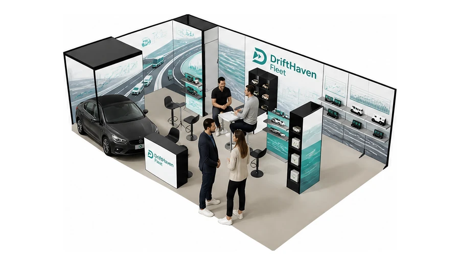 Stoisko 10 × 6 m narożne lewe dla branży flota i leasing aut, przykładowa marka DriftHaven Fleet