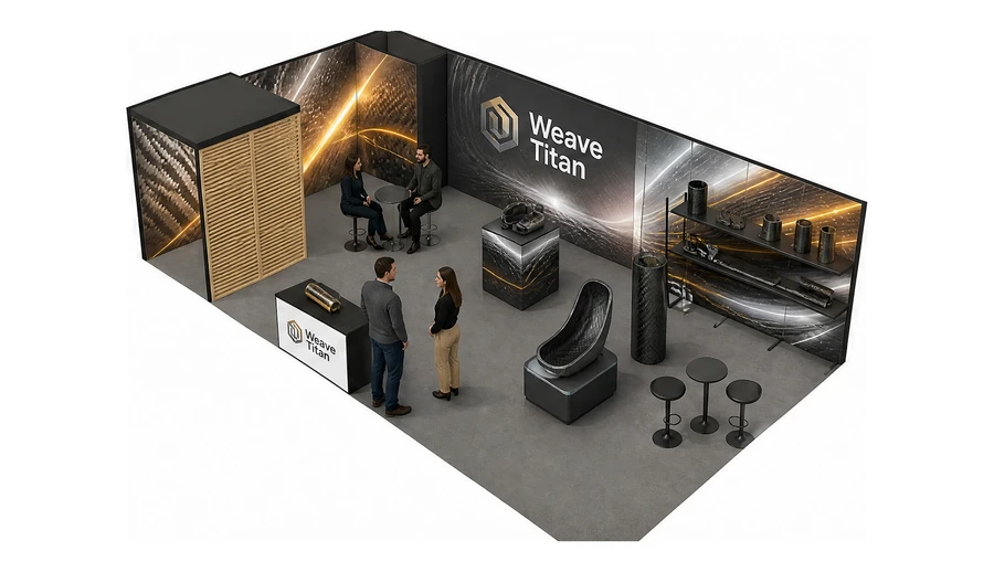 Stoisko 10 × 6 m narożne lewe dla branży materiały kompozytowe, przykładowa marka Weave Titan