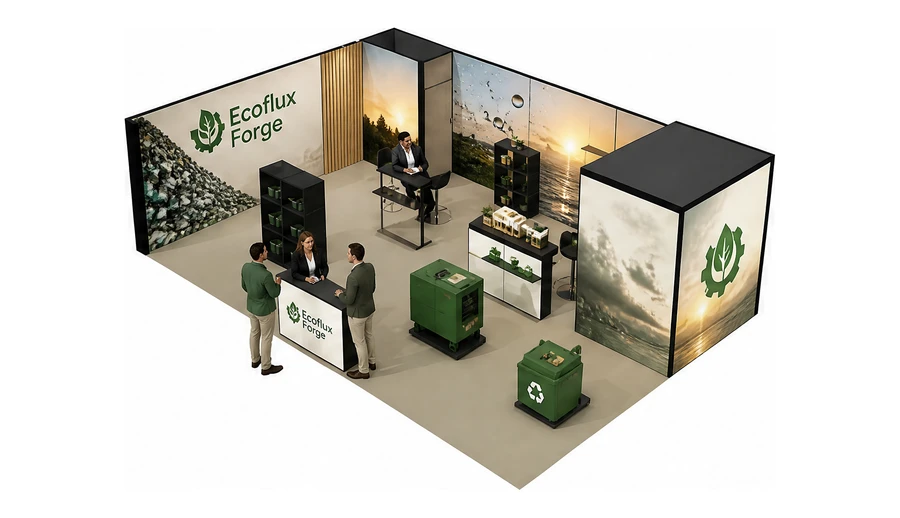 Stoisko 10 × 6 m narożne lewe dla branży recykling i ochrona środowiska, przykładowa marka Ecoflux Forge