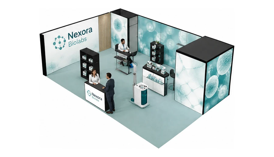 Stoisko 10 × 6 m narożne lewe dla branży farmacja i biotechnologia, przykładowa marka Nexora Biolabs