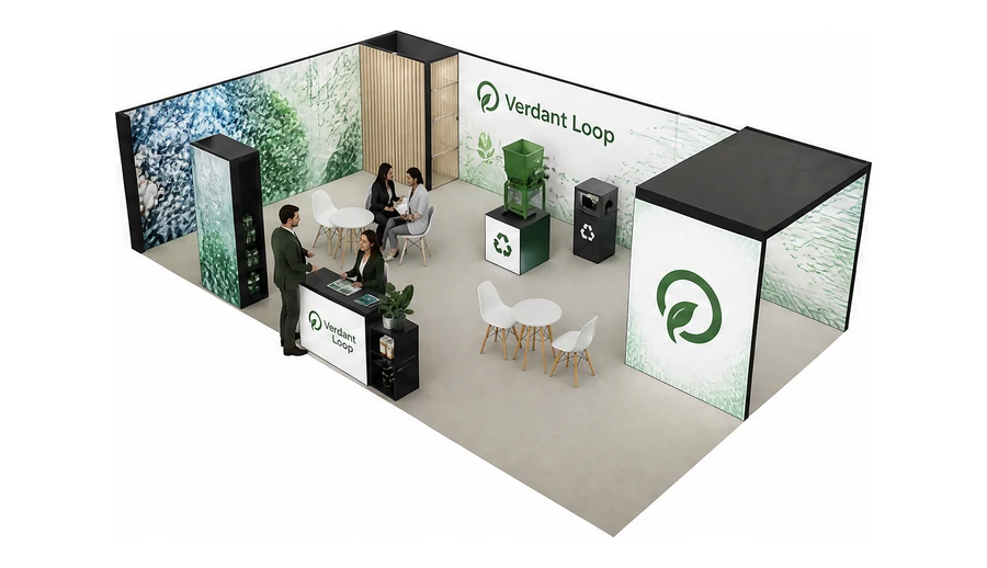 Stoisko 10 × 6 m narożne lewe dla branży recykling i ochrona środowiska, przykładowa marka Verdant Loop