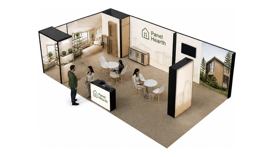 Stoisko 10 × 6 m narożne lewe dla branży domy modułowe i prefabrykacja, przykładowa marka Panel Hearth