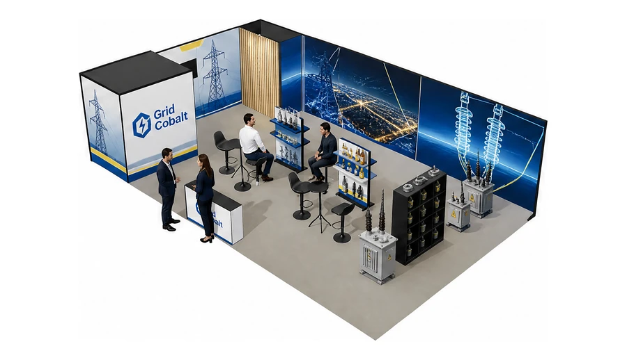 Stoisko 10 × 6 m narożne lewe dla branży energetyka i sieci, przykładowa marka Grid Cobalt