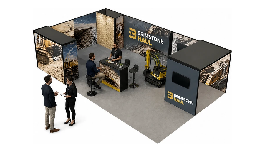 Stoisko 10 × 6 m narożne lewe dla branży maszyny budowlane, przykładowa marka Brimstone Haul