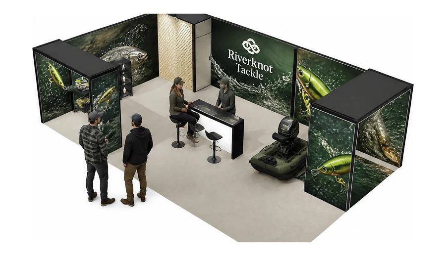 Stoisko 10 × 6 m narożne lewe dla branży wędkarstwo, przykładowa marka Riverknot Tackle