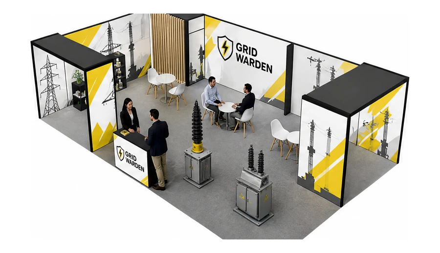 Stoisko 10 × 6 m narożne lewe dla branży energetyka i sieci, przykładowa marka Grid Warden