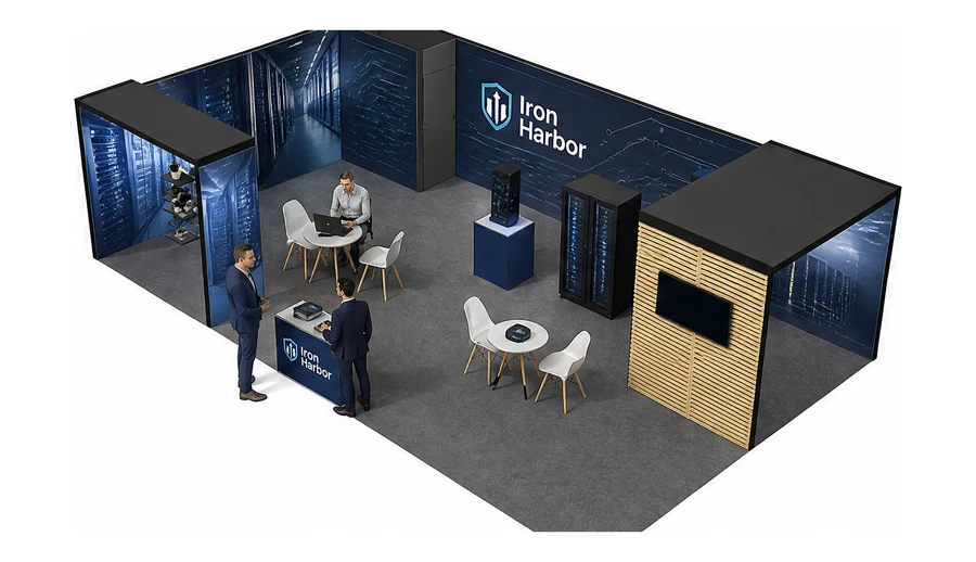Stoisko 10 × 6 m narożne lewe dla branży infrastruktura IT i data center, przykładowa marka Iron Harbor