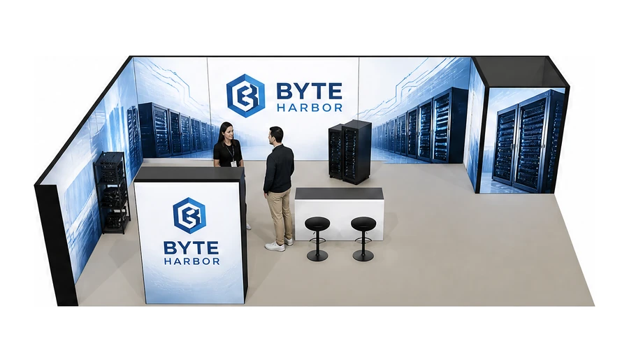 Stoisko 10 × 6 m narożne lewe dla branży infrastruktura IT i data center, przykładowa marka Byte Harbor