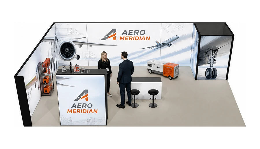 Stoisko 10 × 6 m narożne lewe dla branży lotnictwo, przykładowa marka Aero Meridian