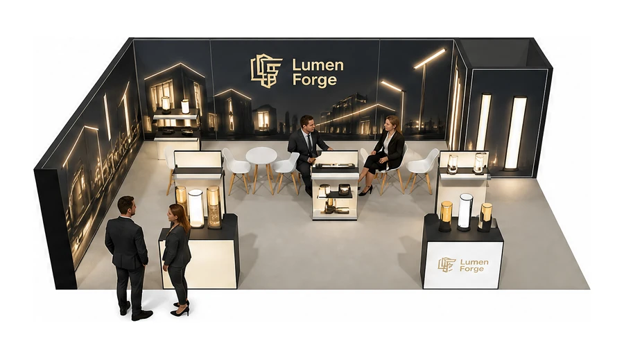 Stoisko 10 × 6 m narożne lewe dla branży oświetlenie, przykładowa marka Lumen Forge