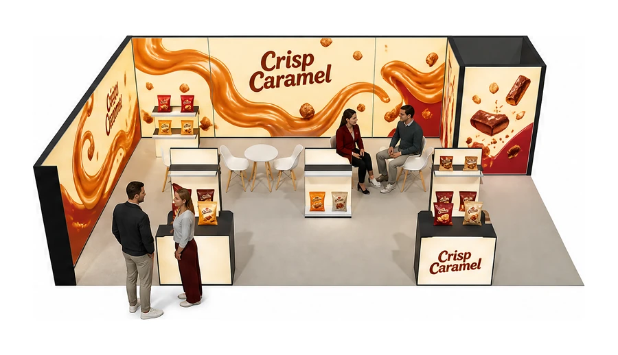 Stoisko 10 × 6 m narożne lewe dla branży słodycze i przekąski, przykładowa marka Crisp Caramel