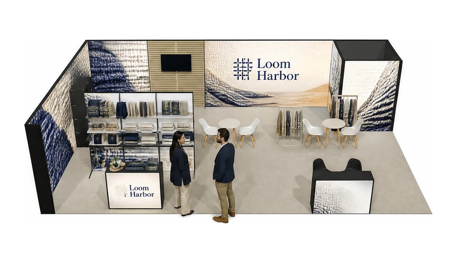 Stoisko 10 × 6 m narożne lewe dla branży tekstylia i tkaniny, przykładowa marka Loom Harbor