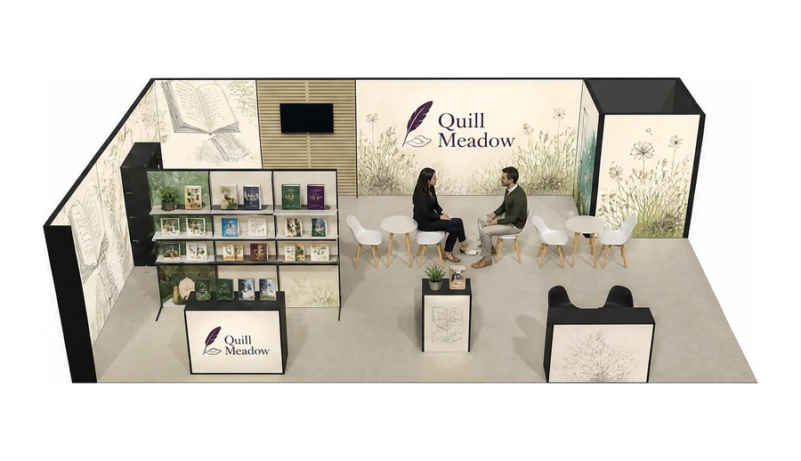 Stoisko 10 × 6 m narożne lewe dla branży wydawnictwa, przykładowa marka Quill Meadow