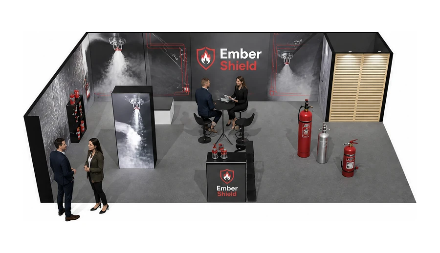 Stoisko 10 × 6 m narożne lewe dla branży ochrona przeciwpożarowa, przykładowa marka Ember Shield