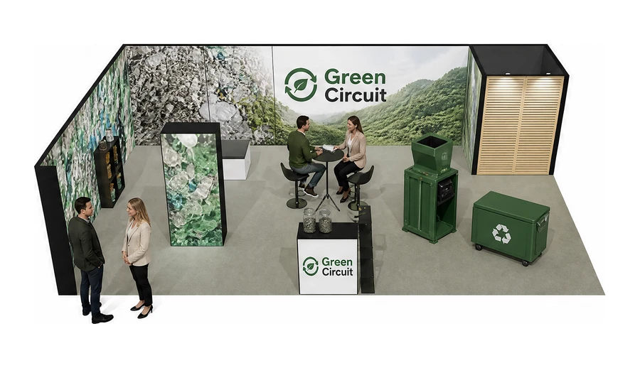 Stoisko 10 × 6 m narożne lewe dla branży recykling i ochrona środowiska, przykładowa marka Green Circuit