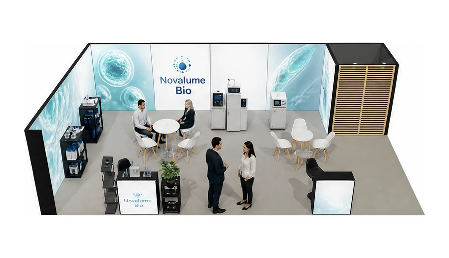 Stoisko 10 × 6 m narożne lewe dla branży farmacja i biotechnologia, przykładowa marka Novalume Bio