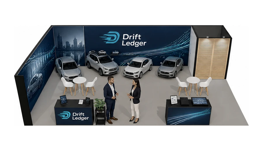 Stoisko 10 × 6 m narożne lewe dla branży flota i leasing aut, przykładowa marka Drift Ledger