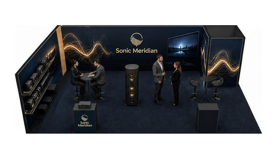 Stoisko 10 × 6 m narożne lewe dla branży sprzęt audio-video, przykładowa marka Sonic Meridian